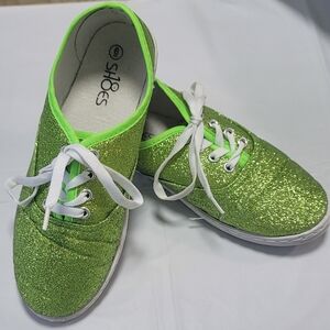 🍂3/$15 Women's Green Glitter Lace Up Canvas Sneakers Shoes Size 6